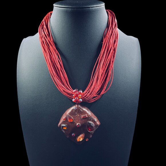 Boho Statement Necklace Earrings Set Red Gem Chunky Pendant Festival Jewelry - Picture 3 of 10